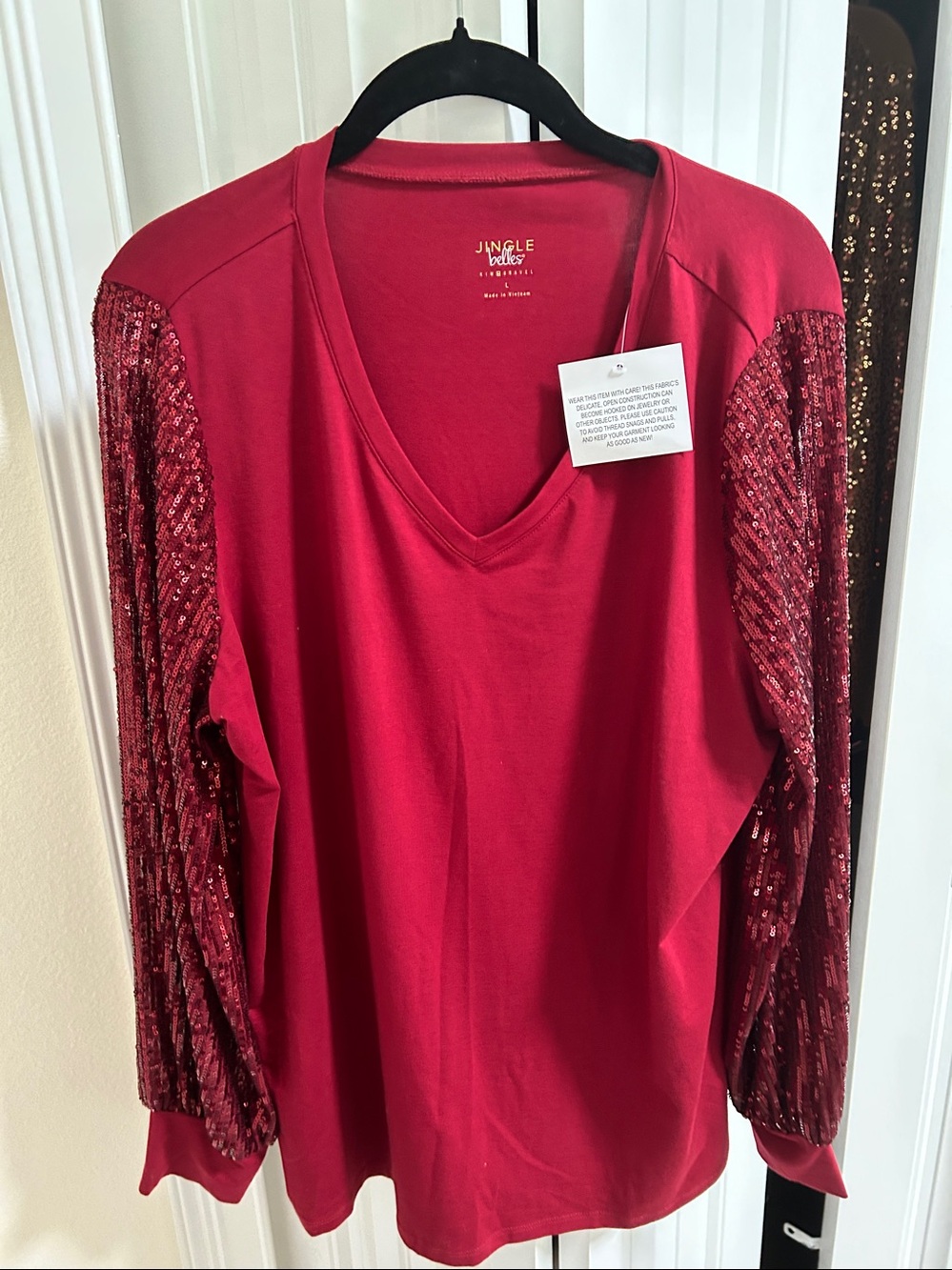 QVC Burgundy Sequin-Sleeve V-Neck Sweatshirt